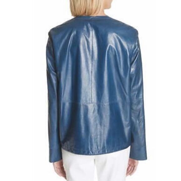 BLUE Lambskin Soft Leather Jacket Lafayette 148 New York NWT - Picture 4 of 16